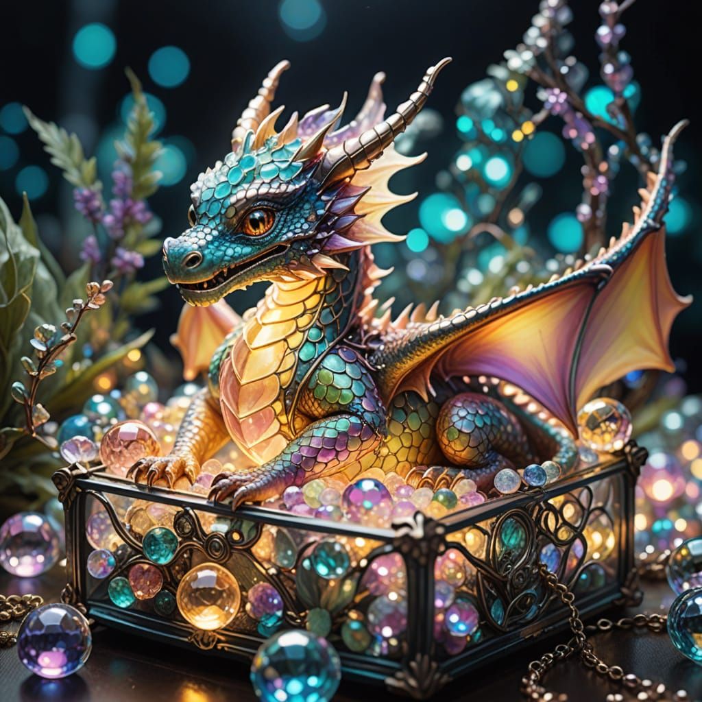 Whimsical Faerie Jewelry Box Scene with Baby Dragon