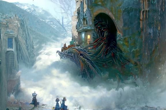 Ethereal Giant in Misty Fantasy Landscape
