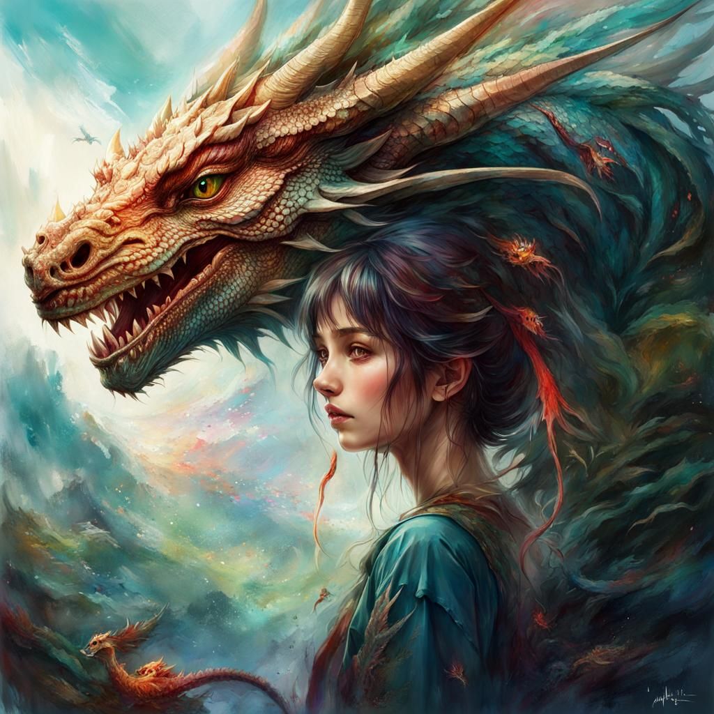 Woman and Dragon in Dreamlike Ghibli Style