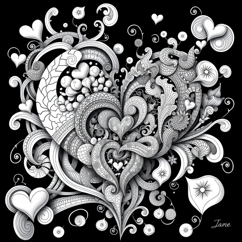 Intricate Valentine's Day Design in Monochromatic Black and...