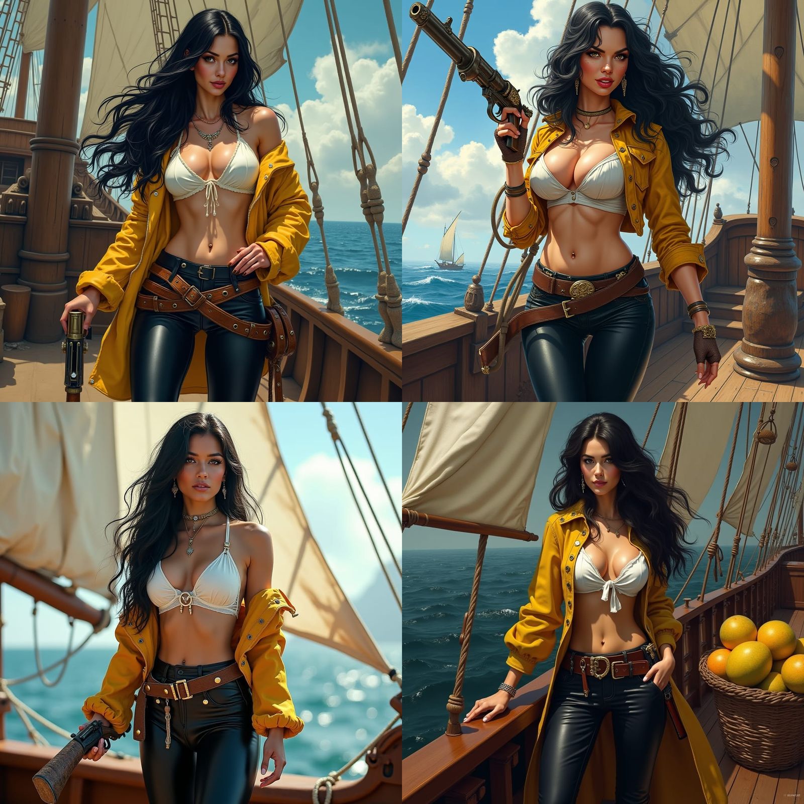 Female Pirate on Sailing Ship Quarterdeck Holding Musket