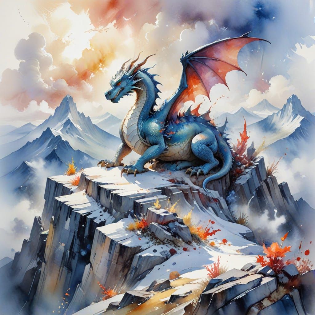 Dragon Resting on Mountain Peak in Watercolour Style