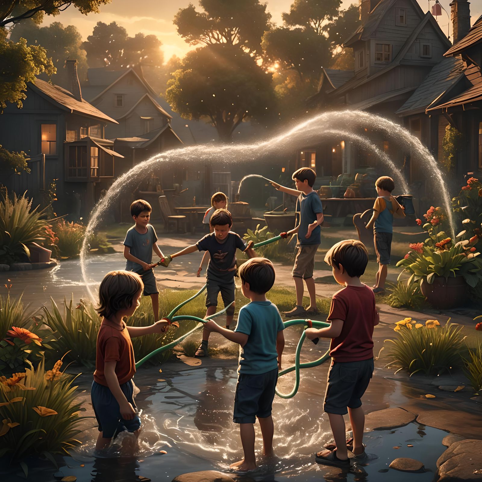 Children's Sunset Water Play: Fantasy Concept Art