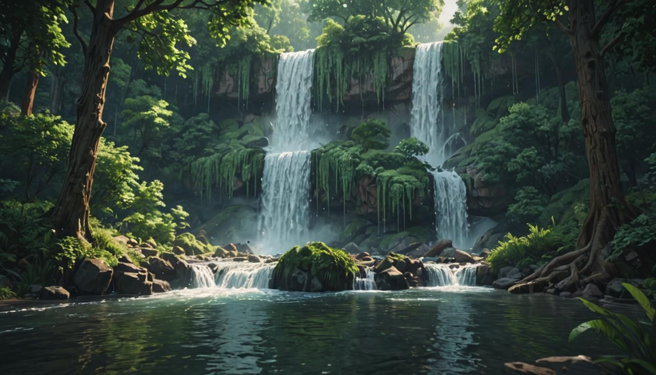 Pixelated Waterfall in Hyper-Realistic 3D Landscape