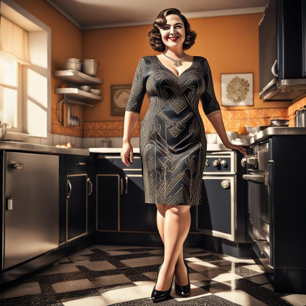 Sultry Art Deco Woman in Kitchen, Exuding Confidence