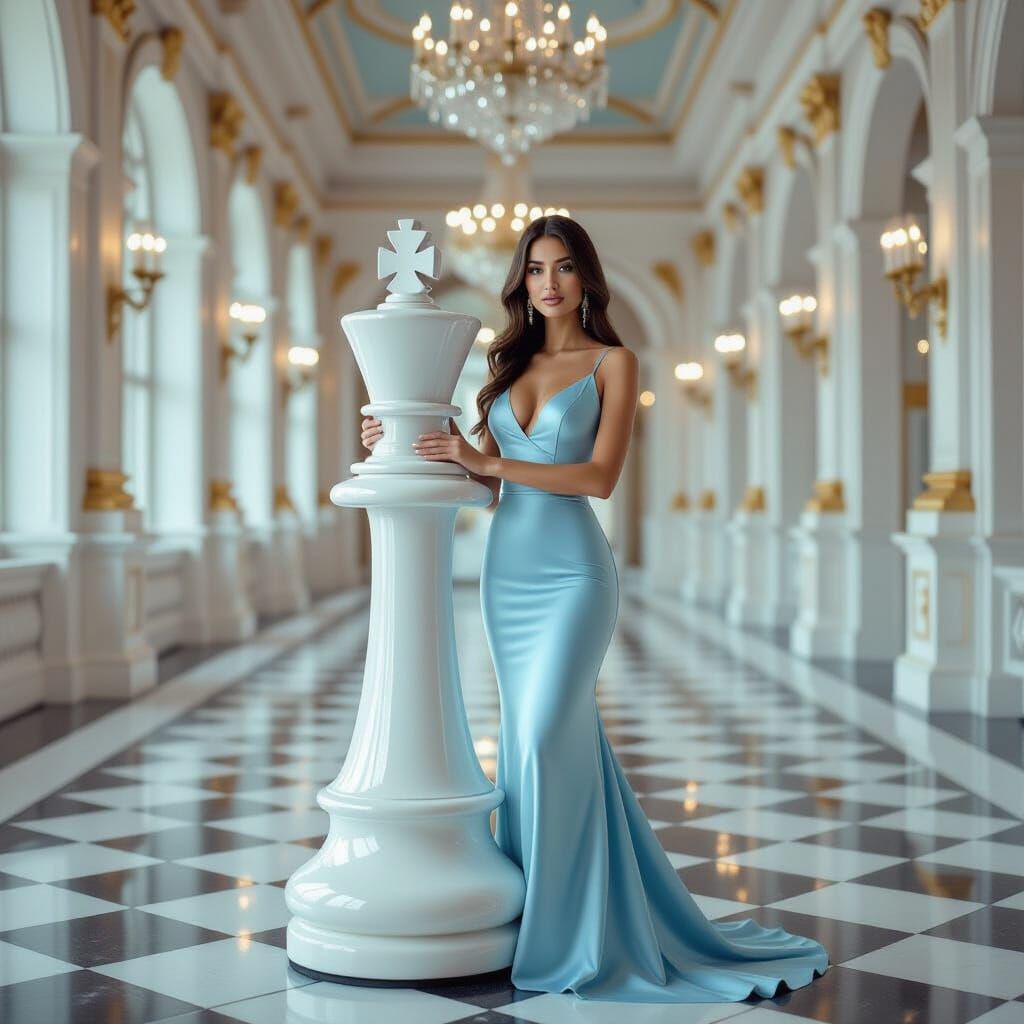 Woman in Blue Gown with Giant Chess Piece in Grand Hall