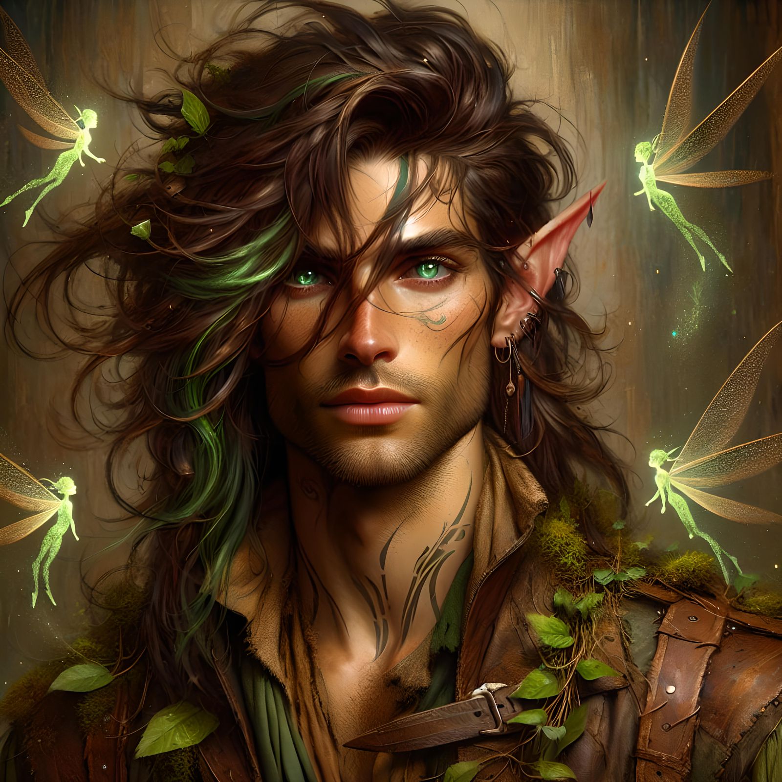 Half-Elf Ranger Portrait with Pixies, as Oil Painting