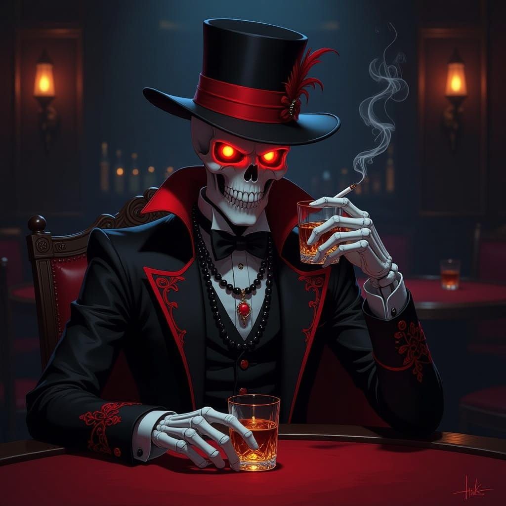 Skeletal Figure in 1500s Attire with Ruby Eyes