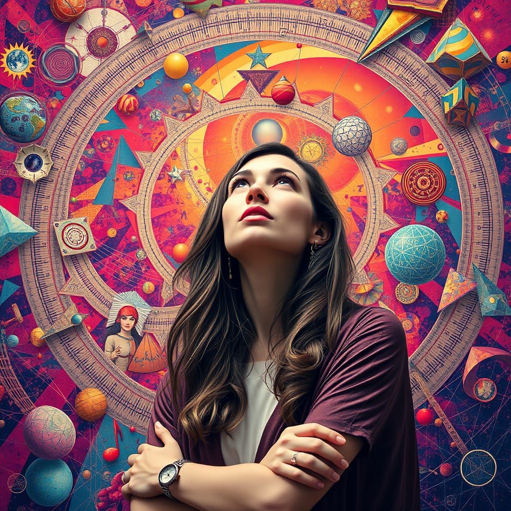 Contemplative Woman Surrounded by Swirling Symbols, Digital ...