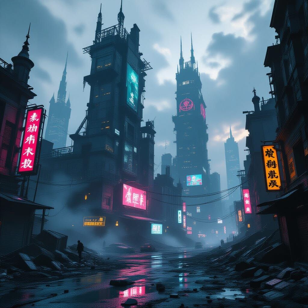 Medieval Cyberpunk City Ruins Under Moody Neon Lights