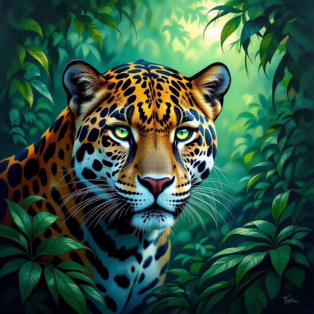 Mystical Jaguar in Tribal Amazonian Jungle Oil Painting