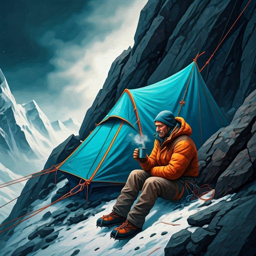 Mountain Climber's Turquoise Tent Perch