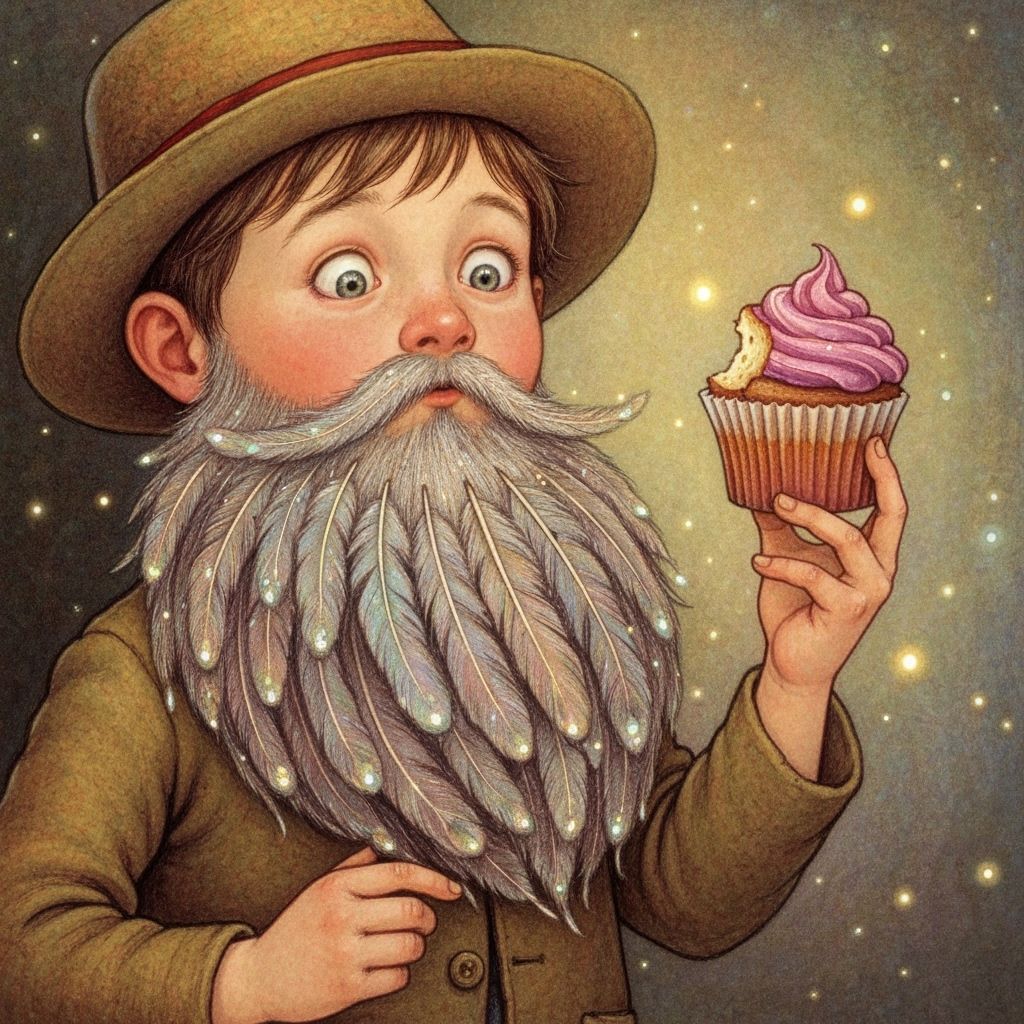 Whimsical Boy with Feather Beard Holds Cupcake