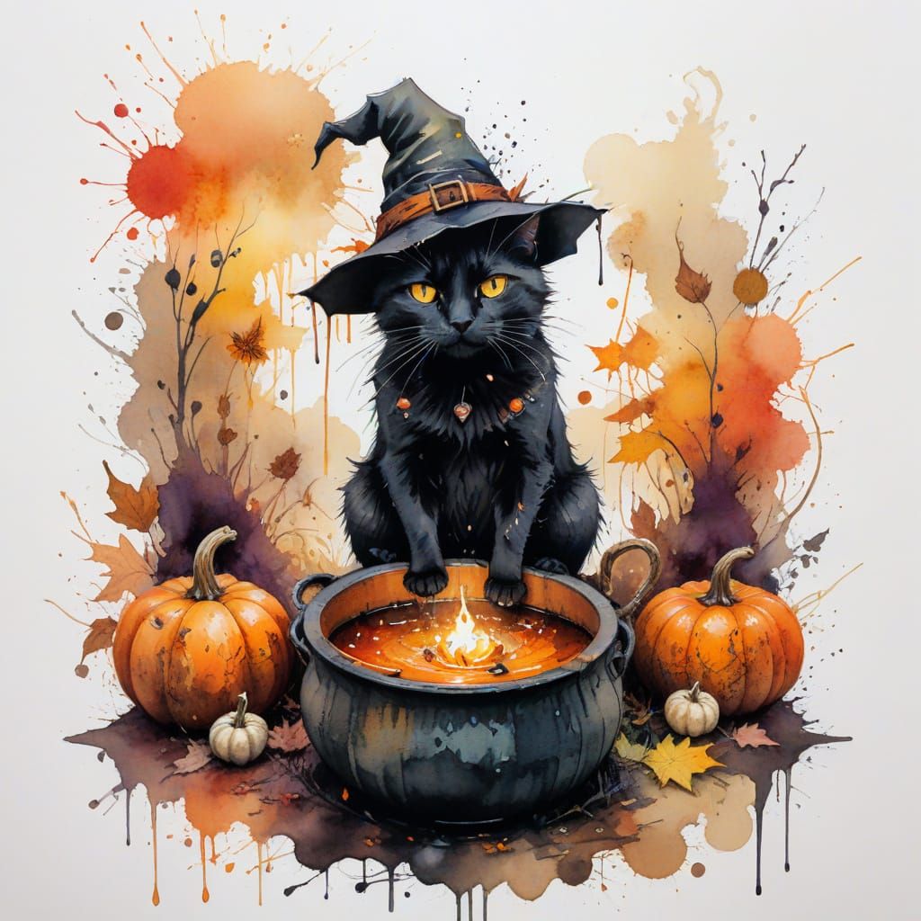 Black Cat Witch Ready for Halloween in Watercolor