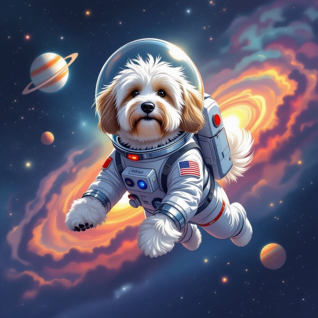 Bearded Collie in Spacesuit Floats Among Nebulae