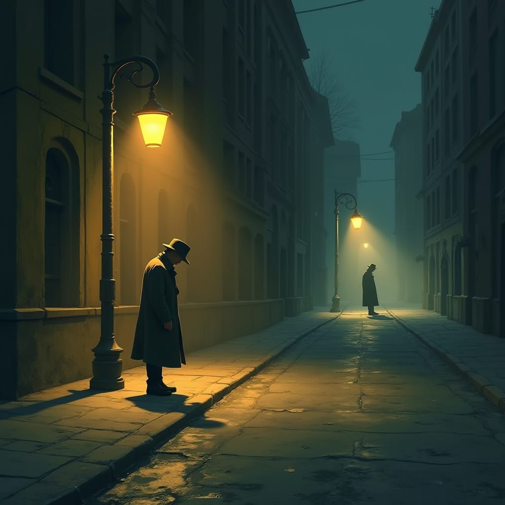 Man Searches for Coin Under Streetlamp, Retro-Futuristic Sty...