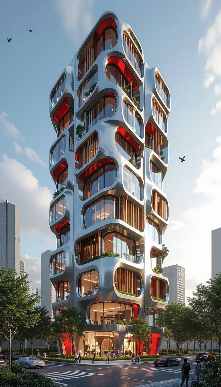 Futuristic High-Rise Building with Suspended Garden