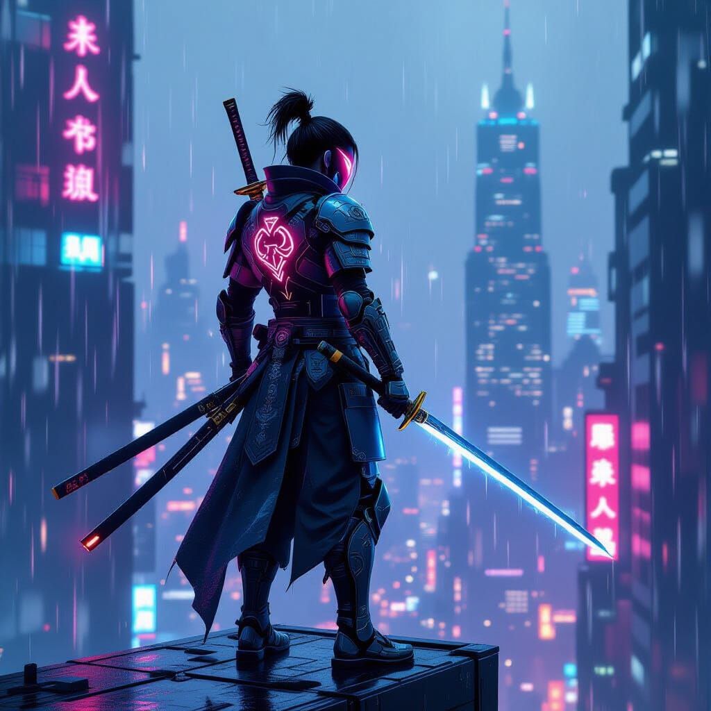 Cyberpunk Samurai Warrior in Neon Cityscape