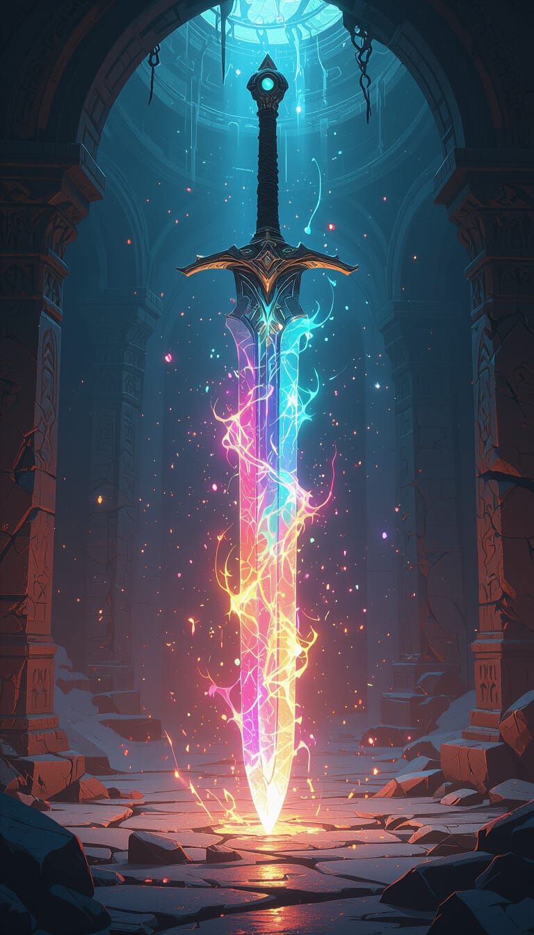 Iridescent Sword in Mystical Chamber