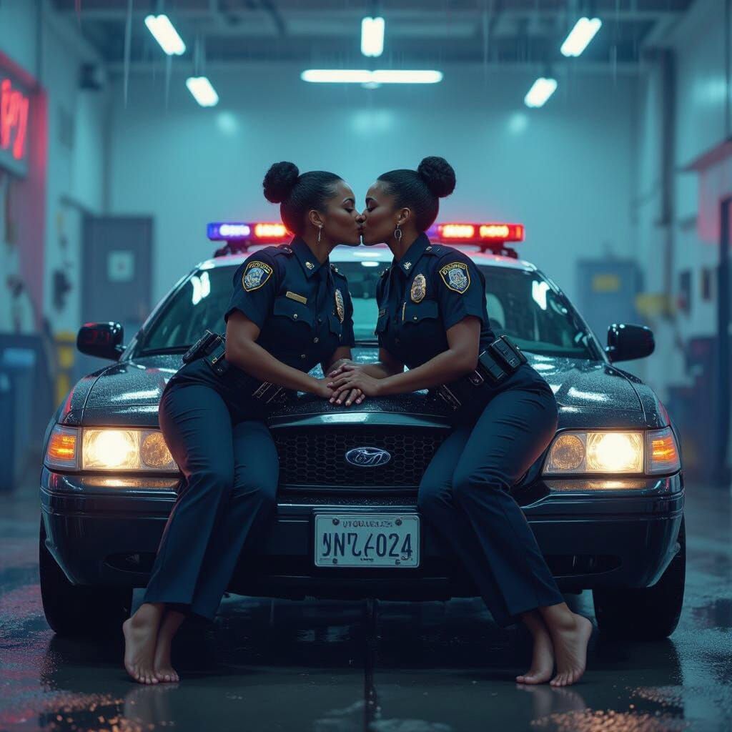 Lesbian Police Officers Kissing in Carwash, Matte Painting