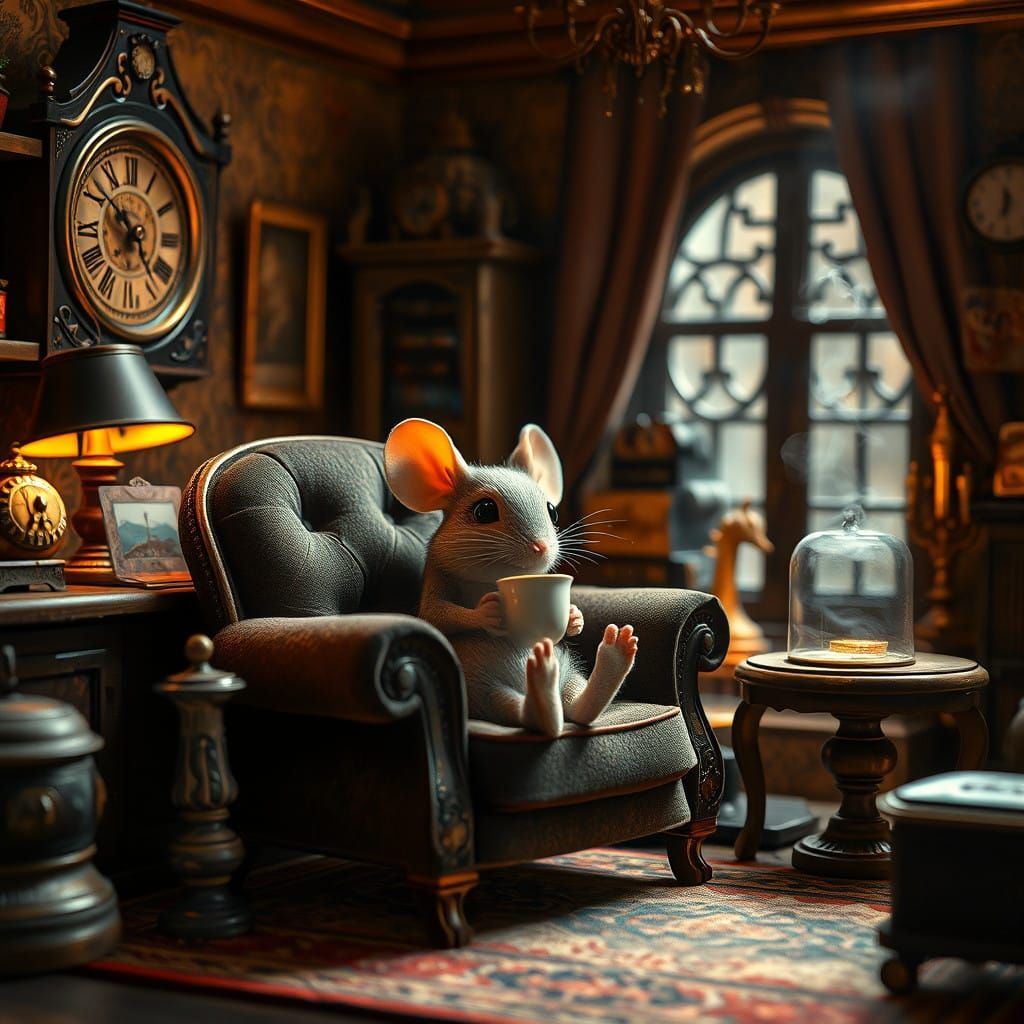Whimsical Computer Mouse in a Steampunk Study