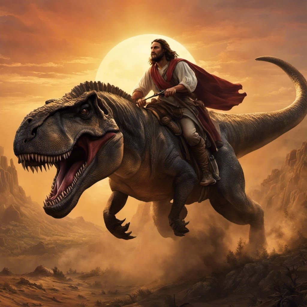 Jesus Christ Rides a T-Rex in Photo Style