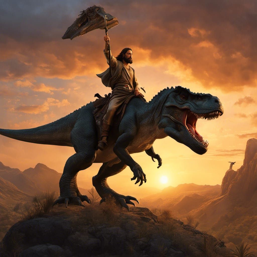 Jesus Christ Rides a T-Rex in Prehistoric Sunset