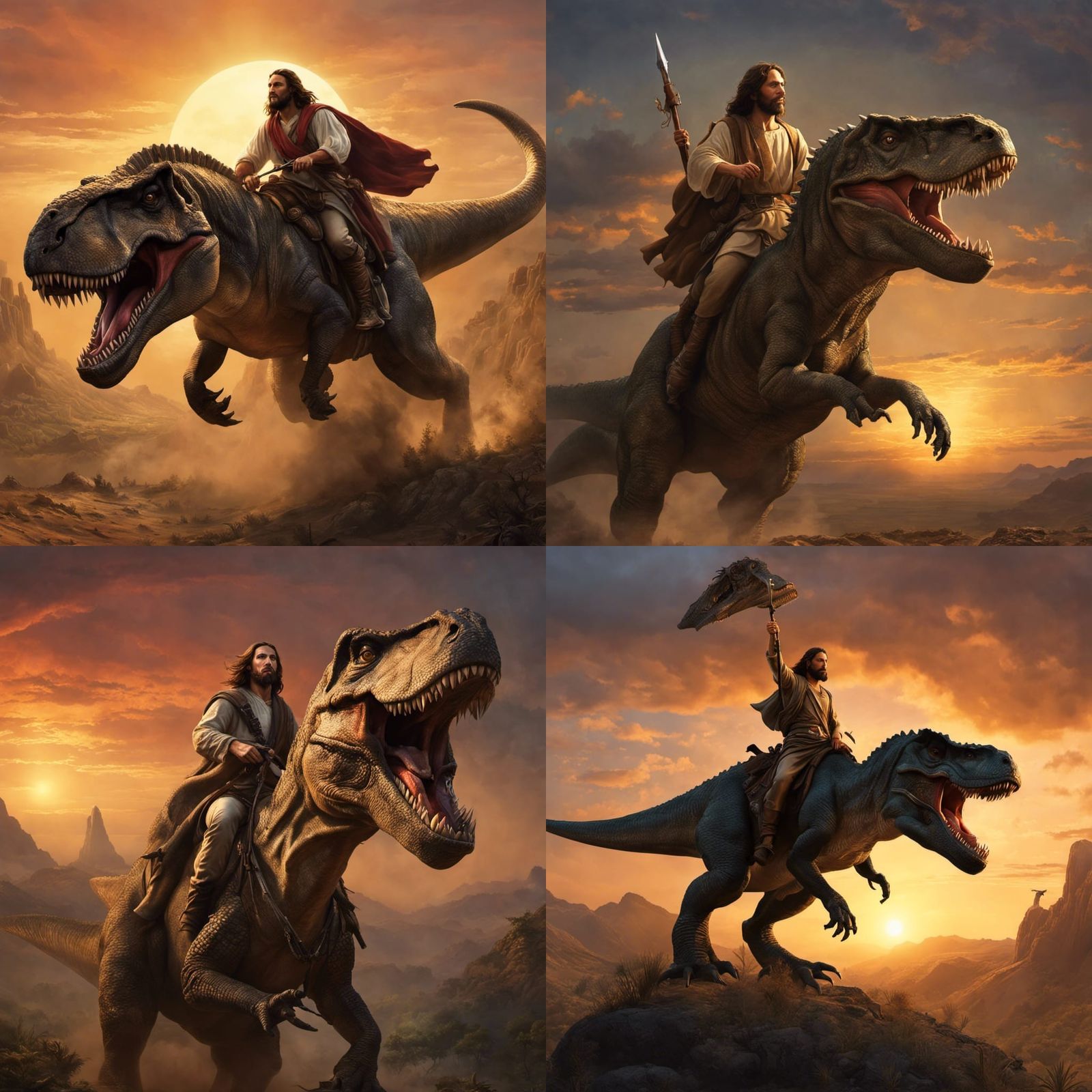 Jesus Christ Rides a T-Rex in Prehistoric Sunset