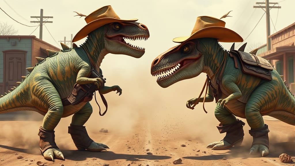 Dinosaurs Duel in Wild West Attire