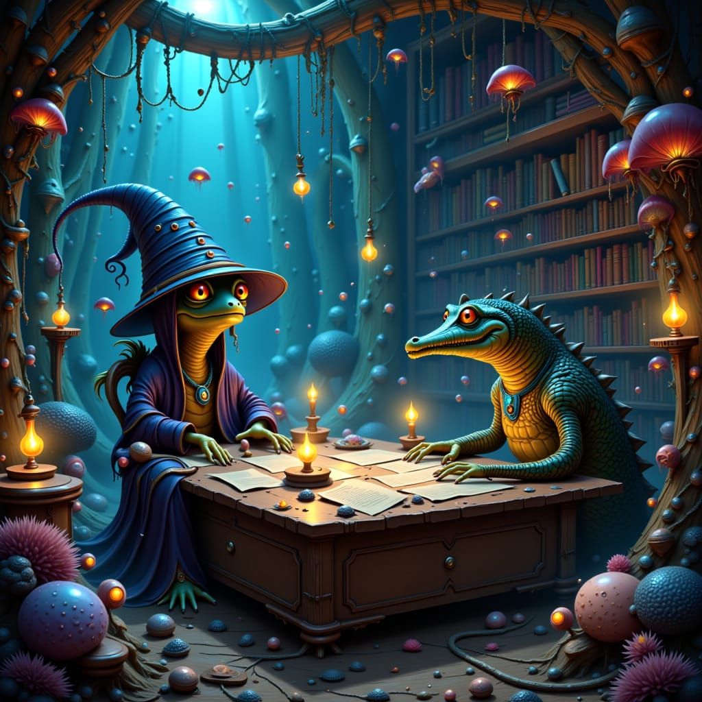 Underwater Wizard Classroom with Octopus and Crocodile