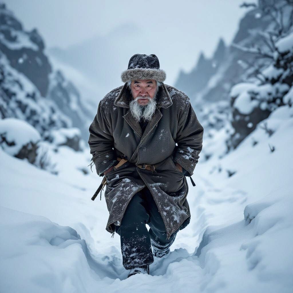 Elderly Man's Journey Through Blizzard, in Chinese Painting ...