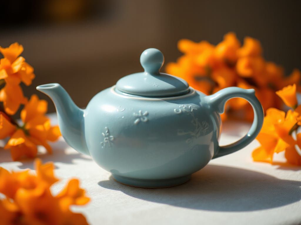 Blue Teapot with Orange Accents in Dreamy Lighting
