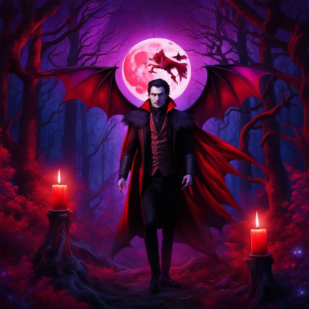 Vampire with Red Wings in Enchanted Forest