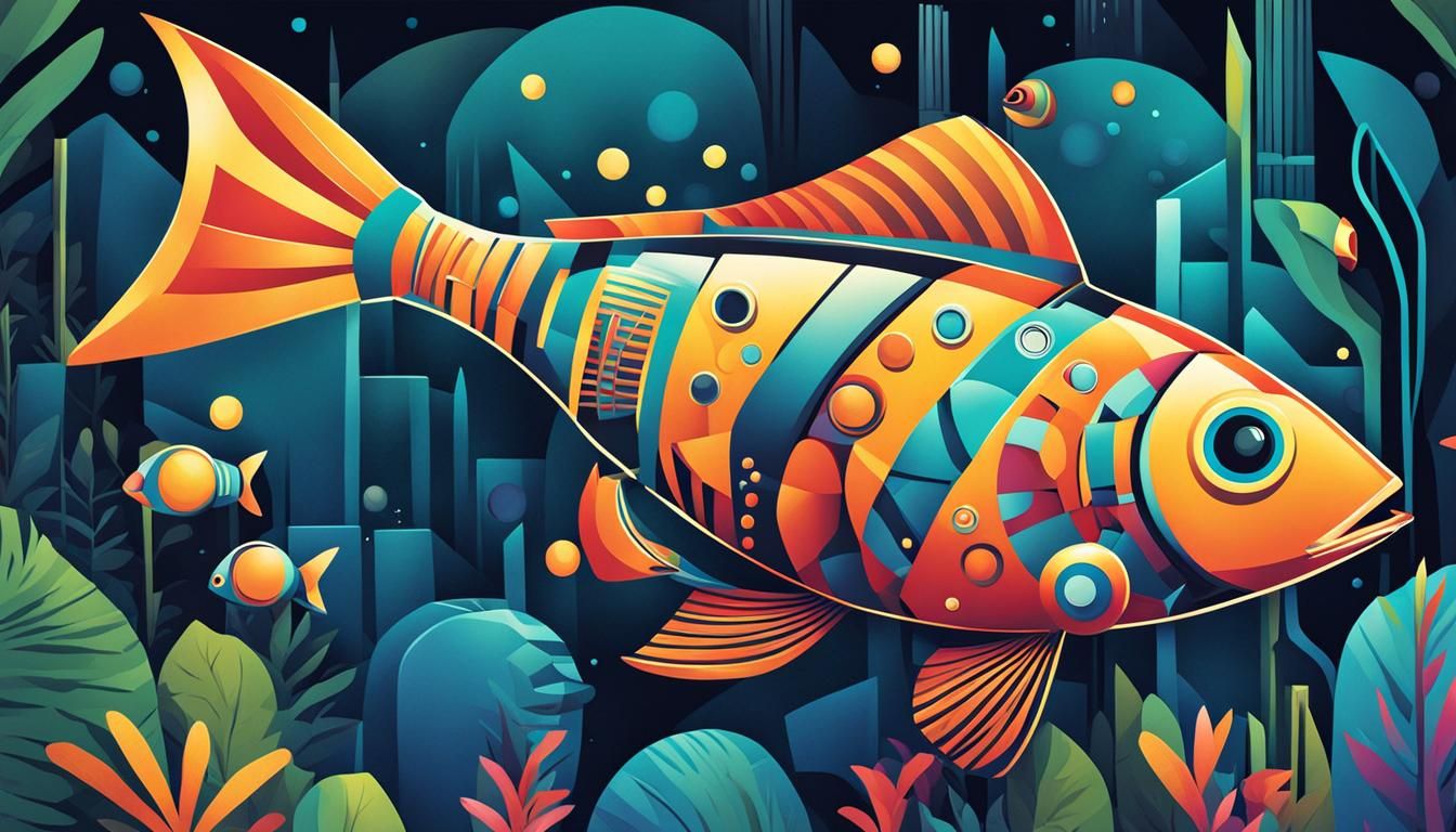Robot Fish in Jungle River: Cubist Cartoon Art