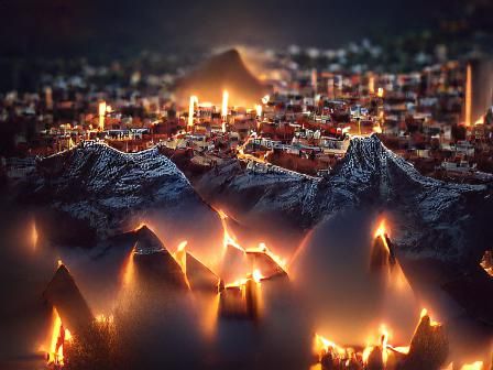 Mountain City Lit by Torches in 8K Resolution