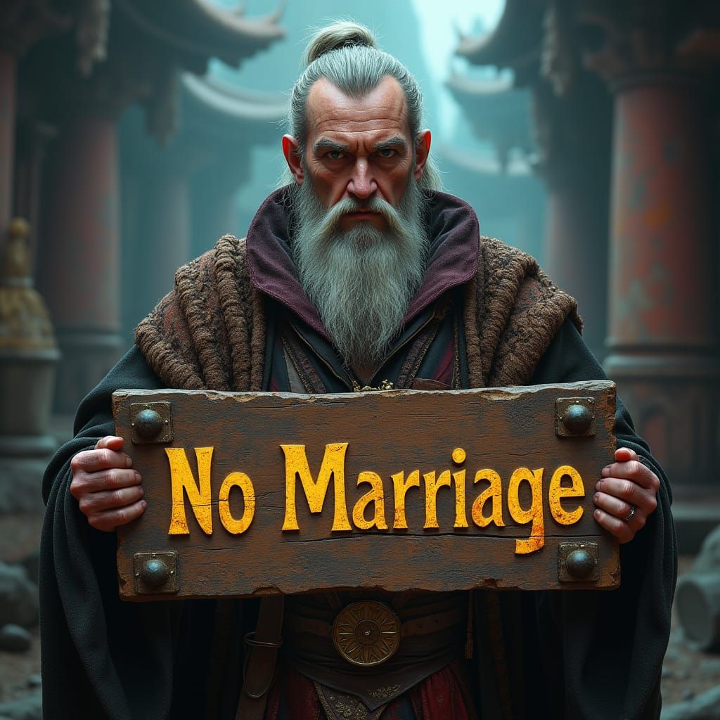 Stoic Man Holds 'No Marriage' Sign in Mystical Realm