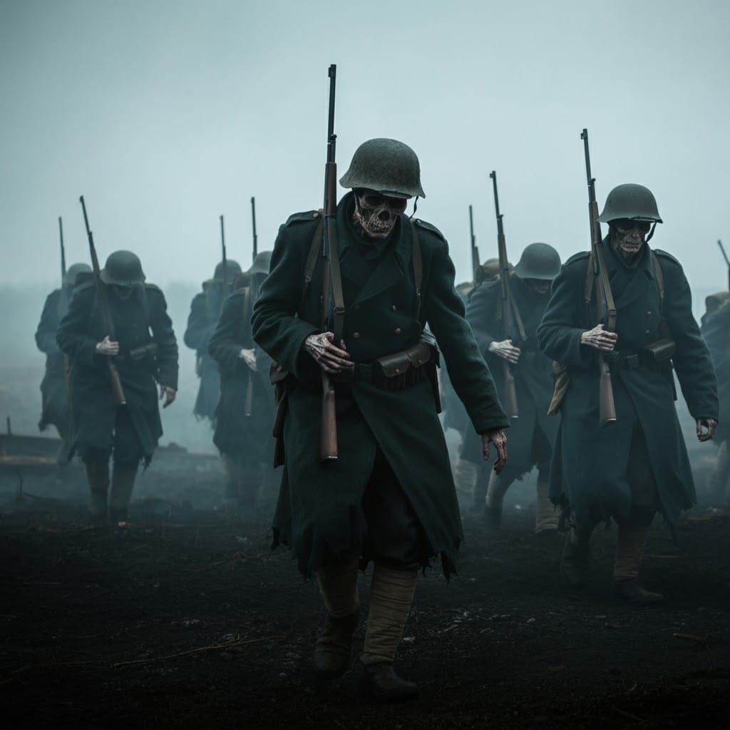 Ghost Soldiers Trudge Through Desolate Field