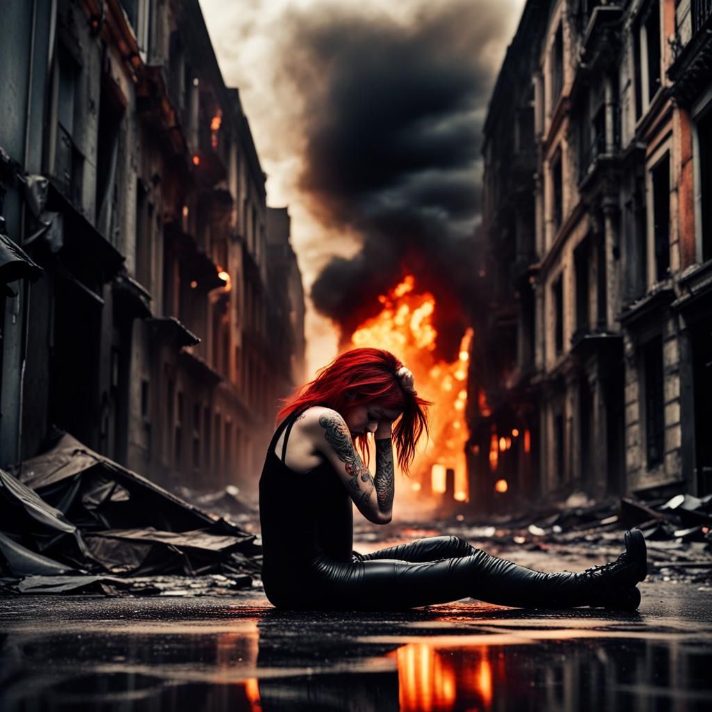 Devastated Girl Cries in Burning City Ruins