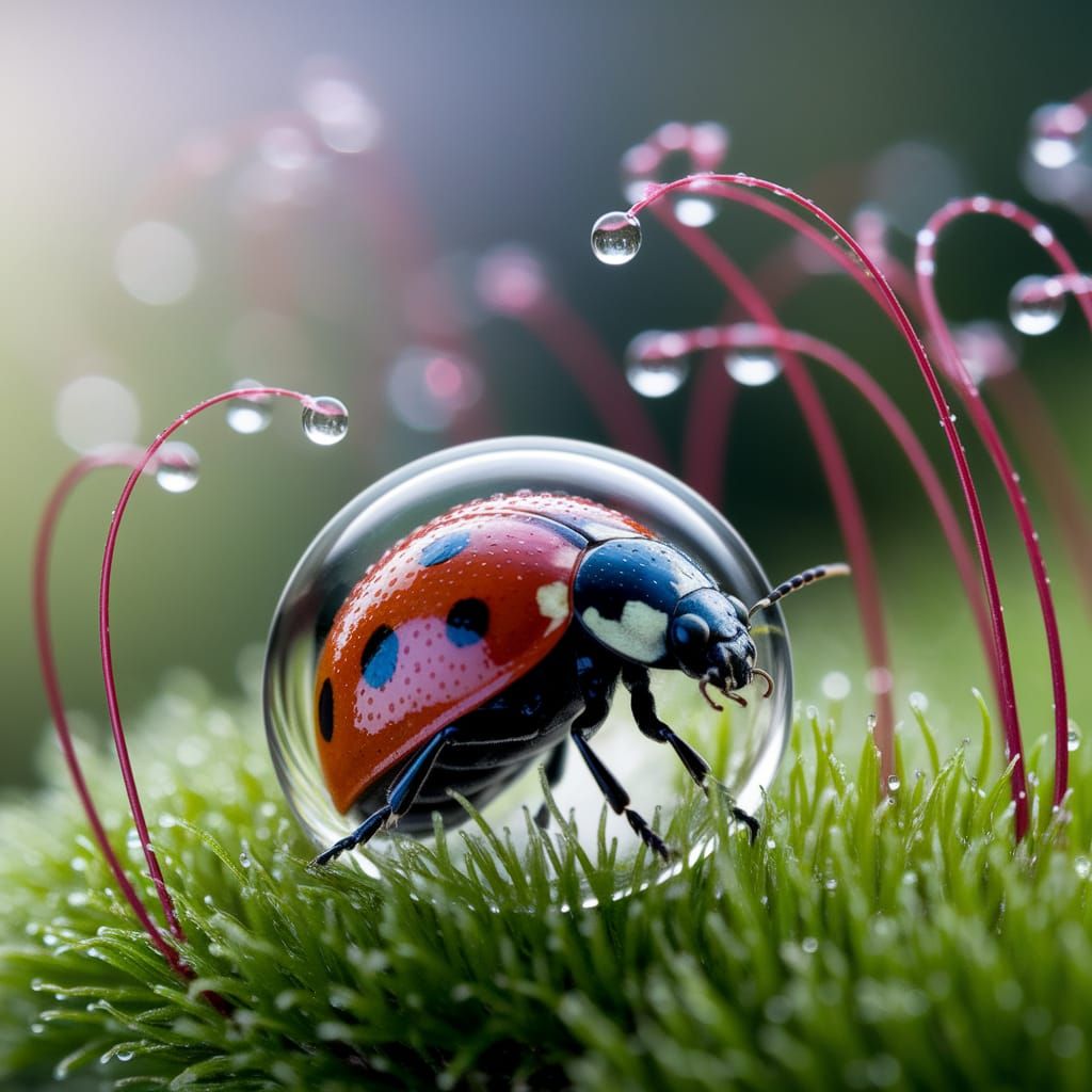 Ladybug in Dew Drop, Whimsical Garden Scene