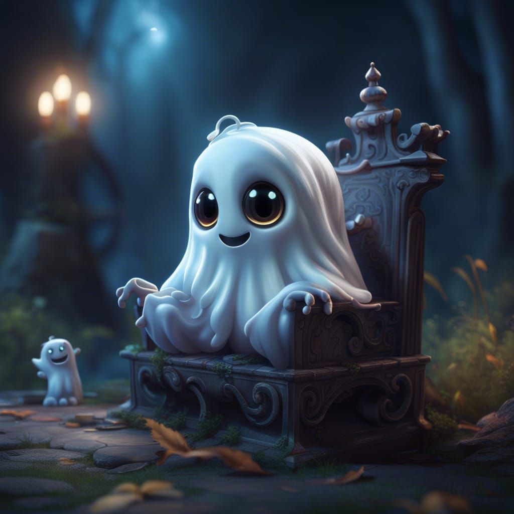 Adorable Ghost on Riverbank: Detailed Matte Painting