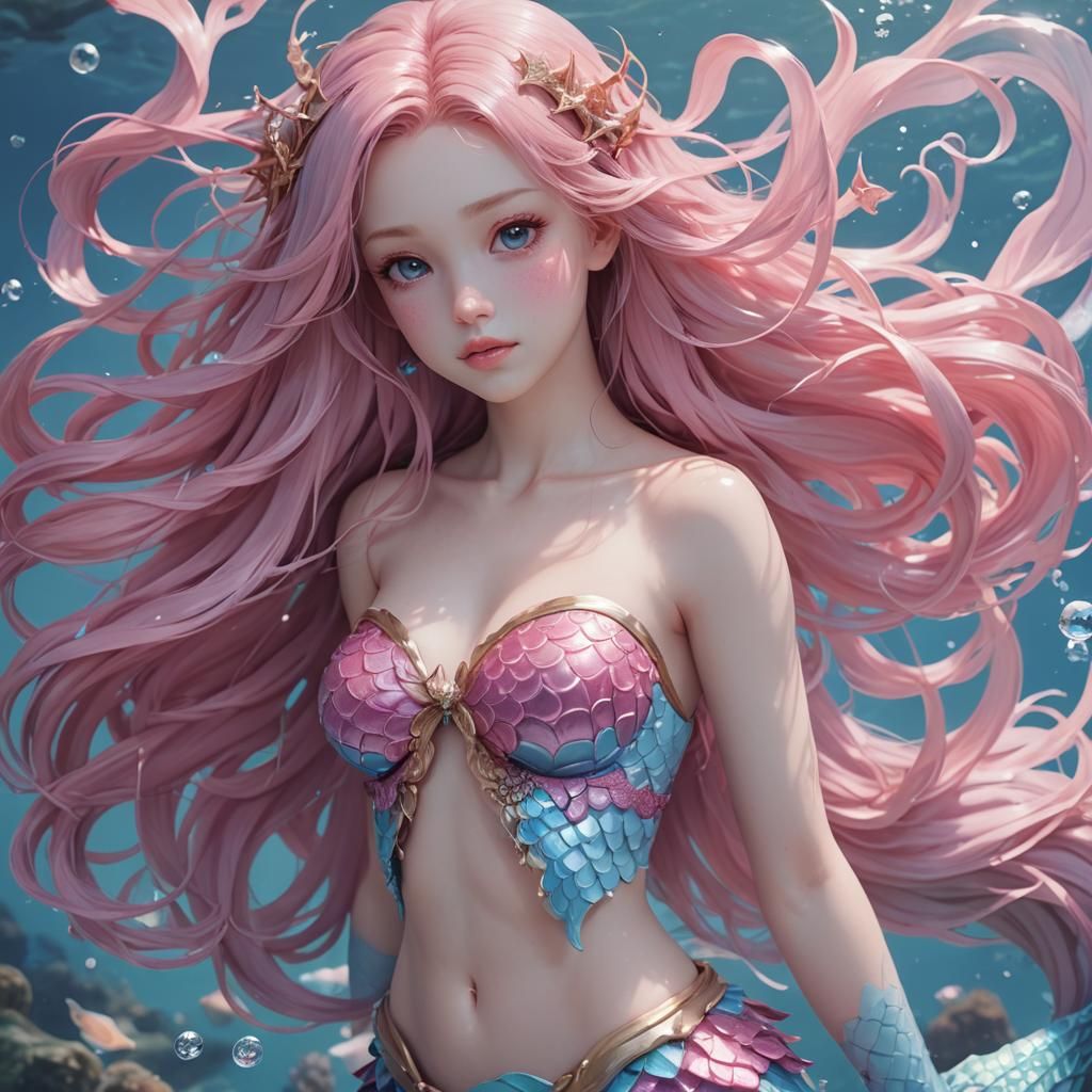 Light Blue and Pink Mermaid in 3D Anime Art
