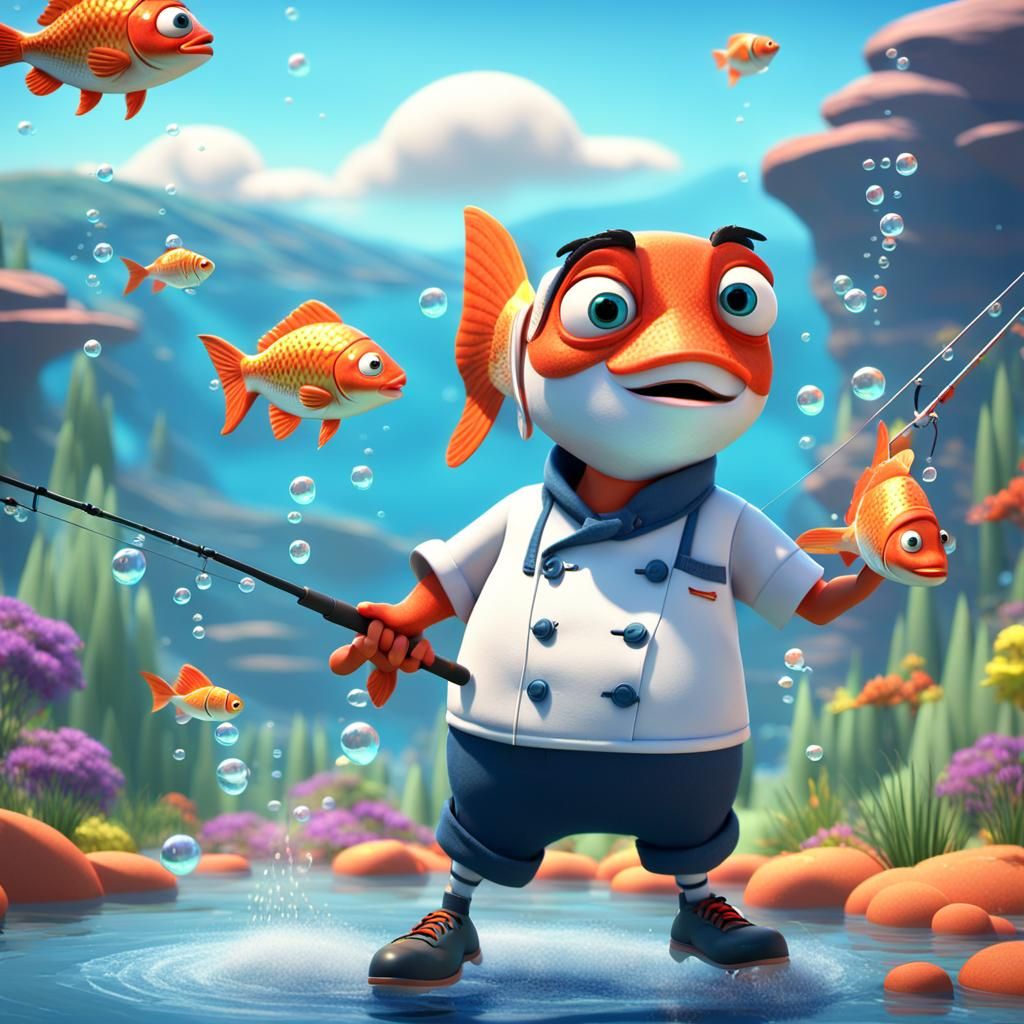 Whimsical Chef Catches Fish in Pixar-Style Animation