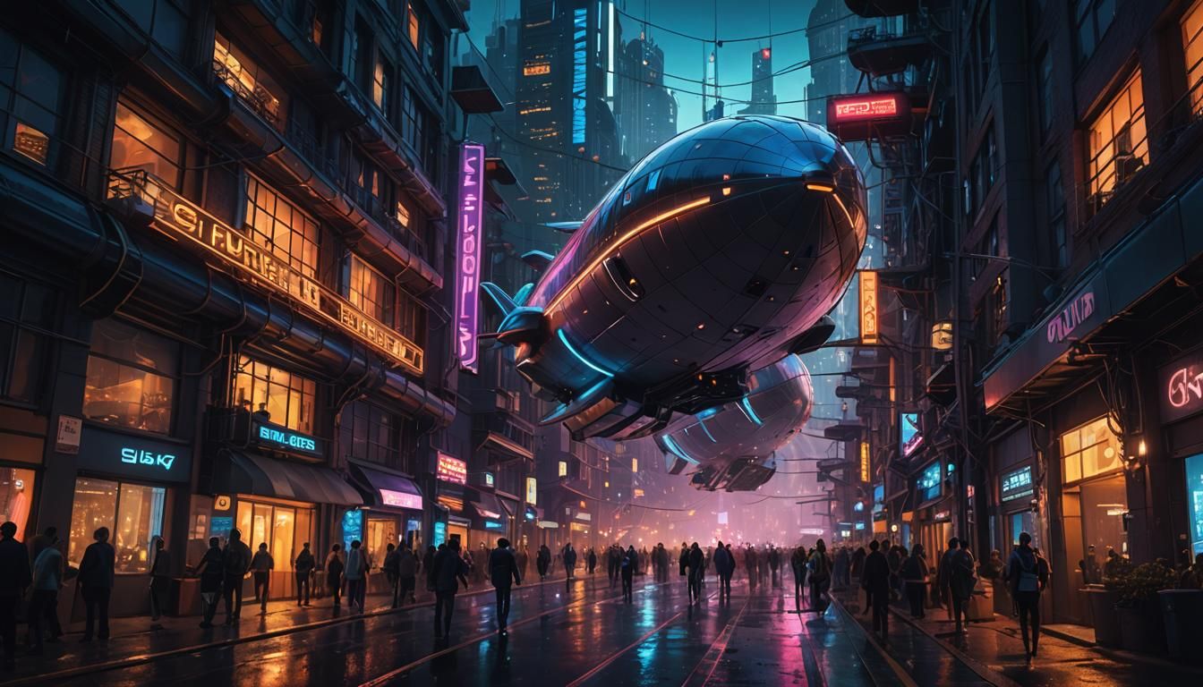Futuristic Airship Over Neon Cityscape at Dusk