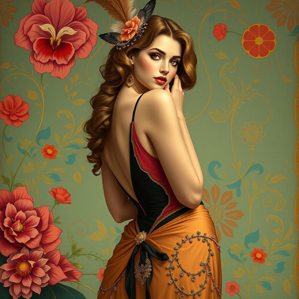 Elegant Woman Posing in Art Nouveau Style