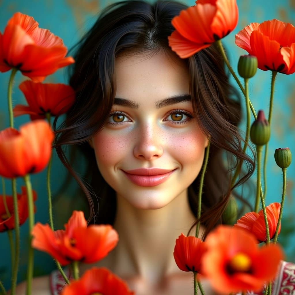 Glowing Teenager Surrounded by Vibrant Red Poppies in Soft F...