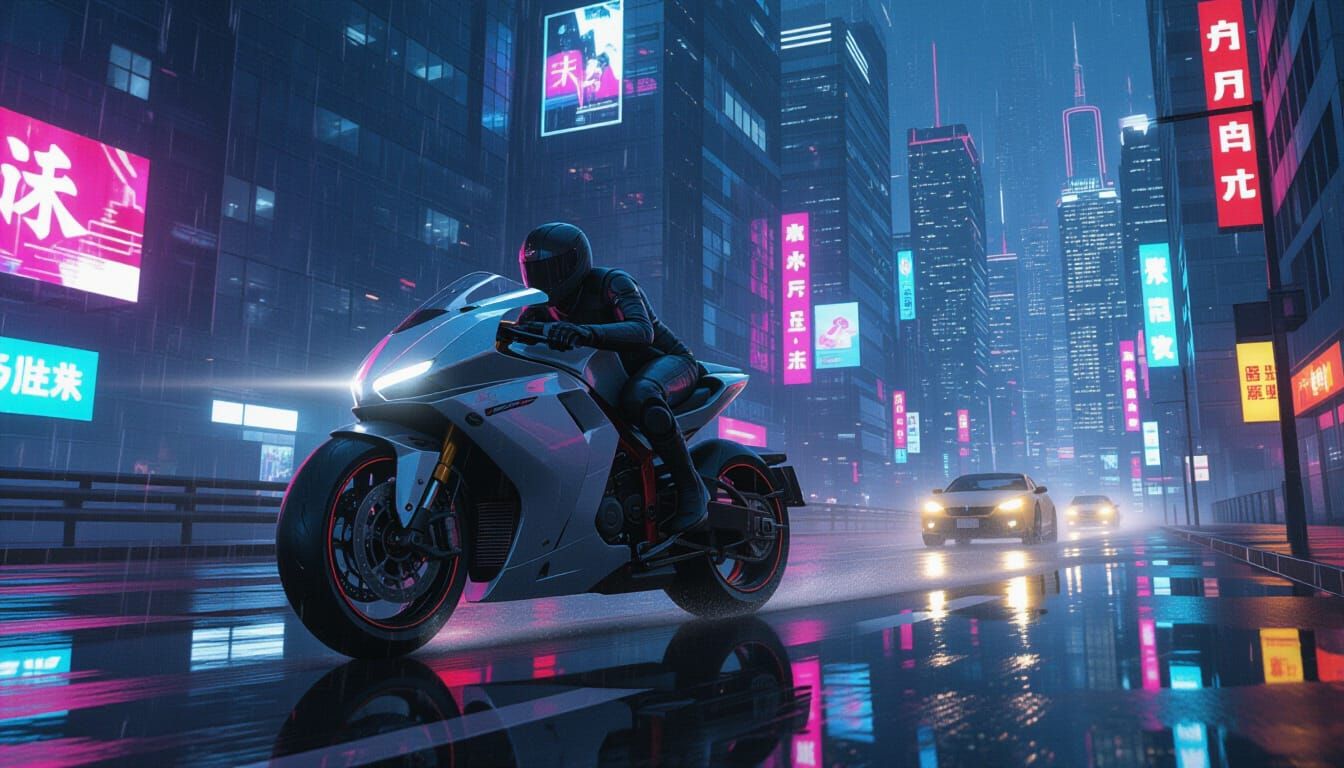 Cyberpunk Motorcycle Speed Through Neon Cityscape