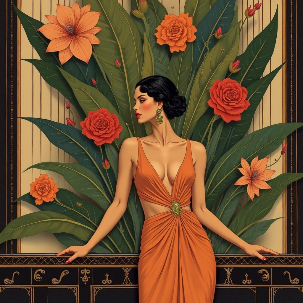 Elegant Woman in Art Deco Flower Interior