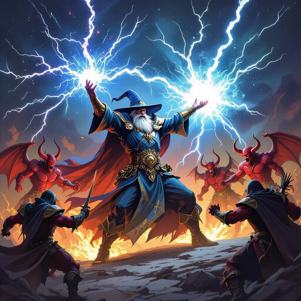 Wizard Casts Chain Lightning in Dark Fantasy Style