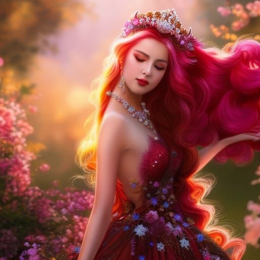 Cherry Fairy Portrait in Orchard, Digital Art