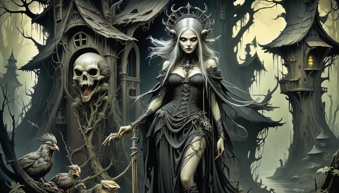 Baba Yaga in Mystical Forest, Art Nouveau Style